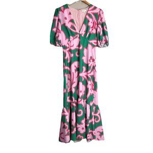 Rhode Ester Dress Size 6 Take It Easy Grand Floral V-Neck Midi Puff Sleeve